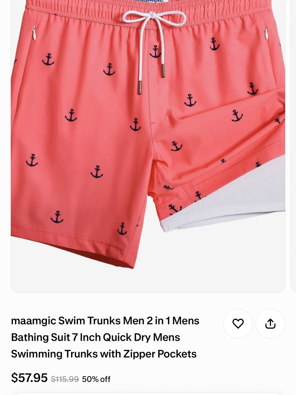 Men's Coral Anchor Print 2-in-1 Swim Trunks